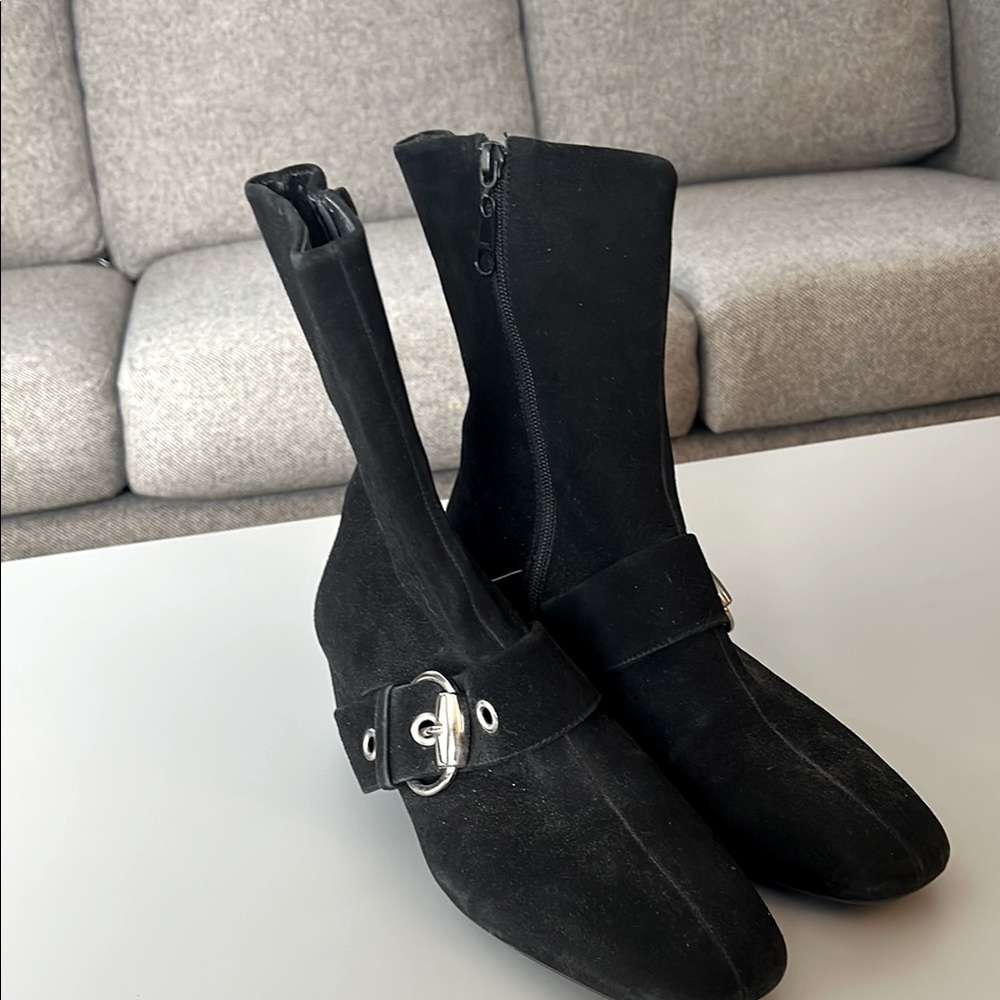 Black Suede Ankle Boots with Buckle